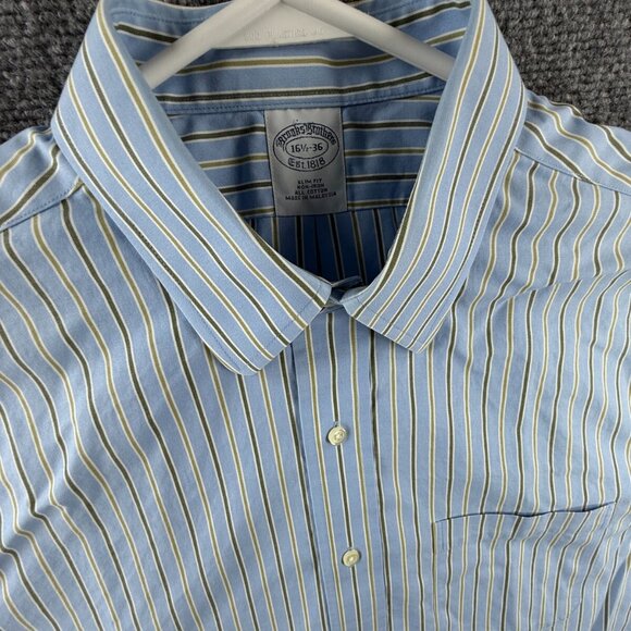 Brooks Brothers 16.5 36 Slim Fit Non Iron Striped Blue Button Up Point Collar - Picture 11 of 16